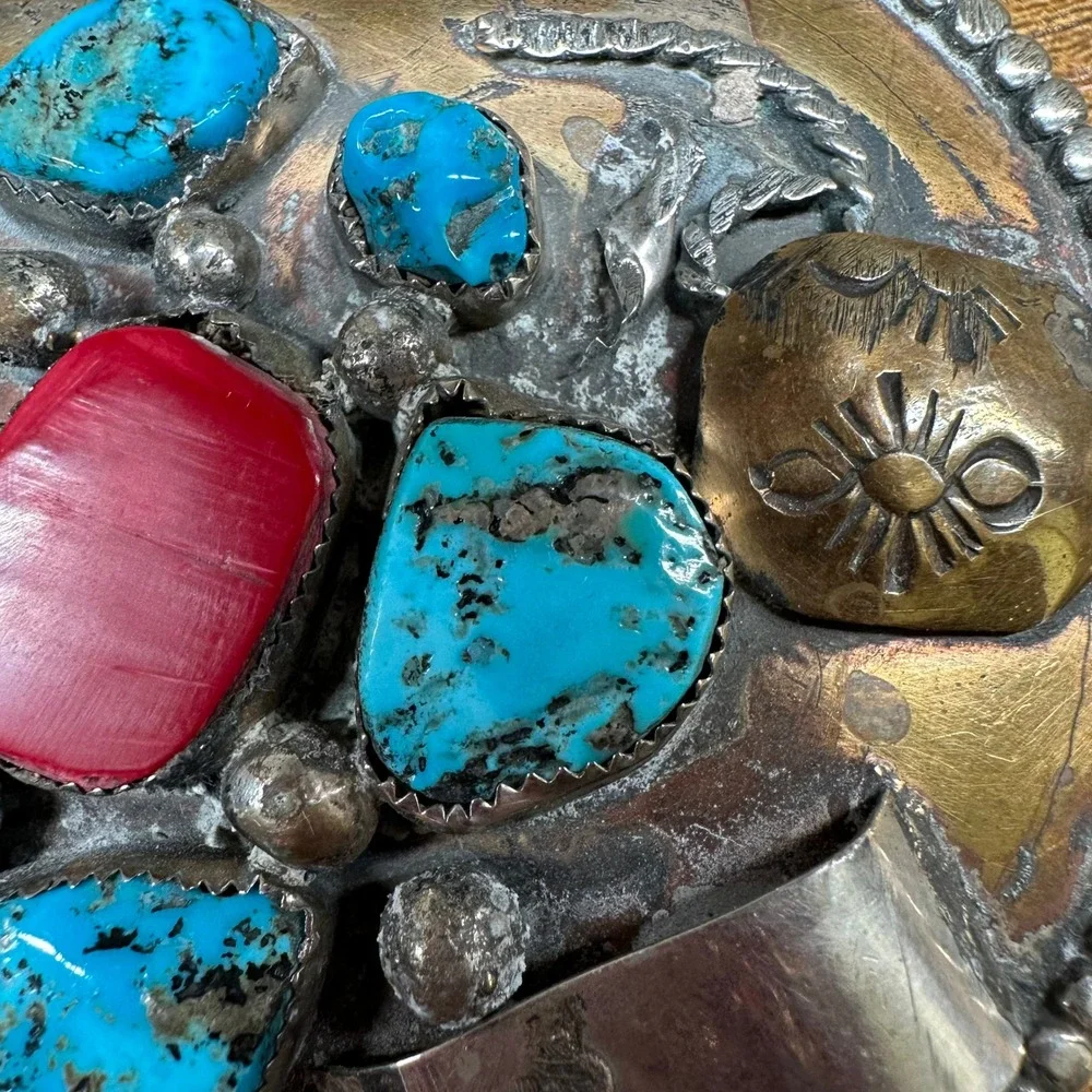Vintage OE Native American Style Turquoise Red Coral Mixed Metal Belt Buckle